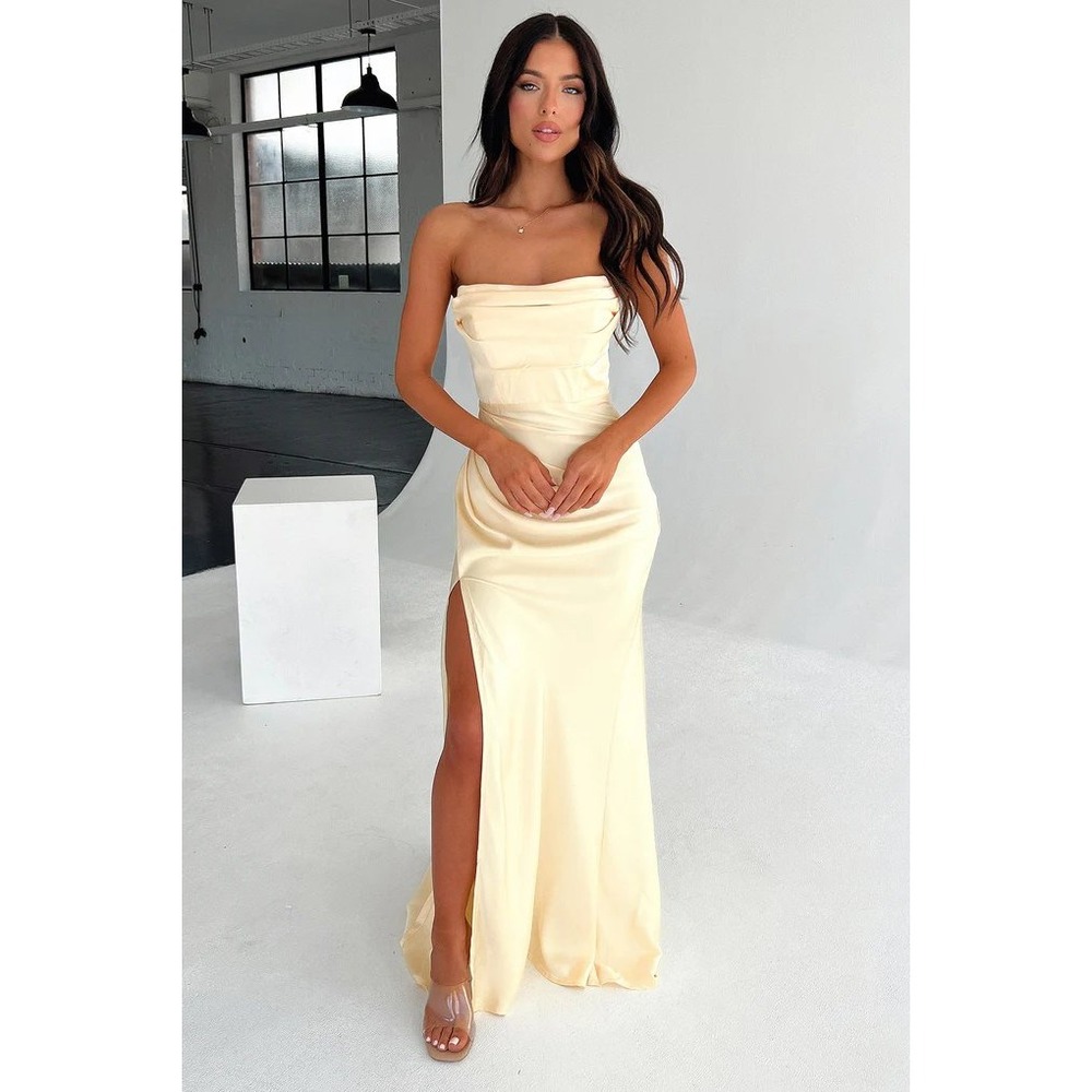 Thats So Fetch Lola Maxi Dress 4 Butter Yellow Strapless Corset Slit Satin Gown